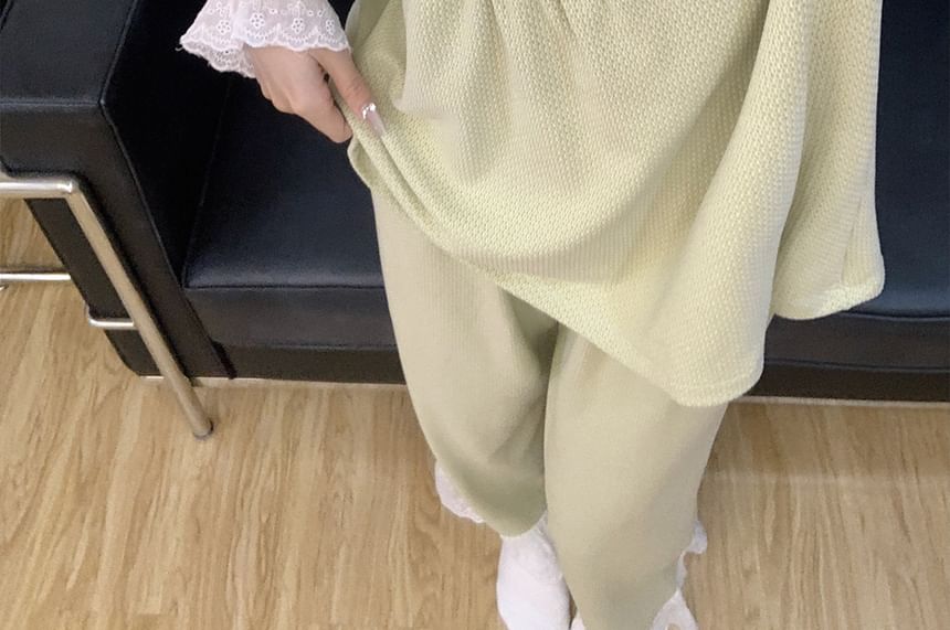 Square-Neck Lace Trim Top & Pants Pajama Set