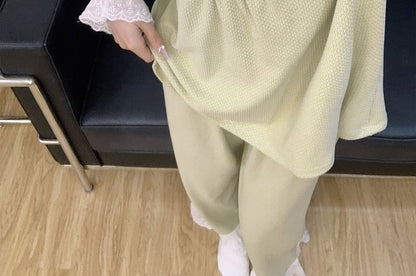 Square-Neck Lace Trim Top & Pants Pajama Set