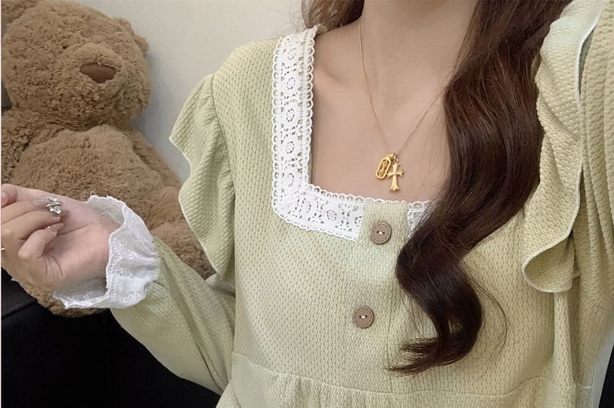 Square-Neck Lace Trim Top & Pants Pajama Set