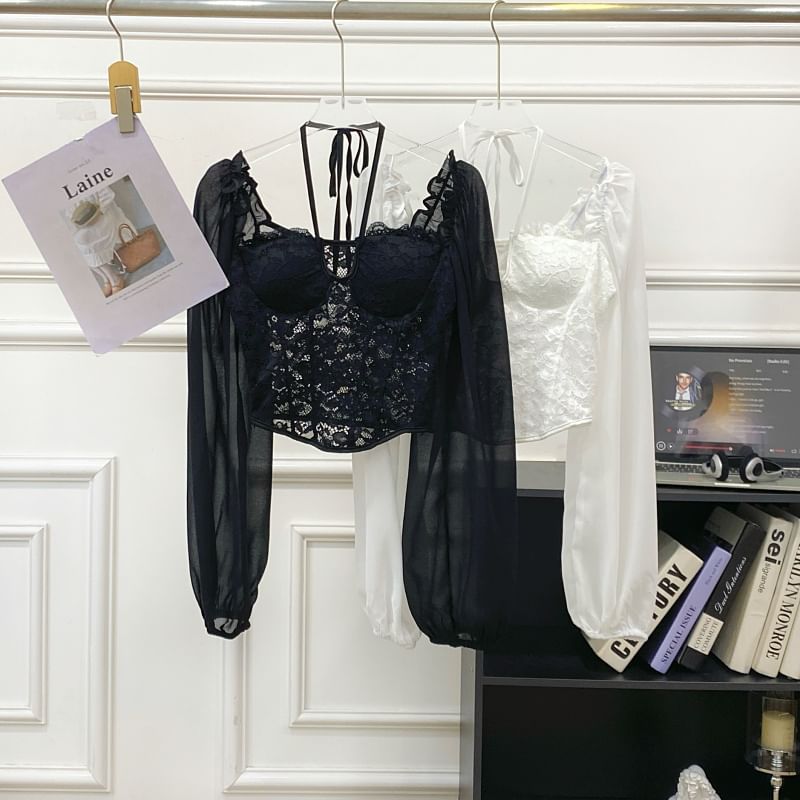 Square-Neck Puff Sleeve Lace Blouse - Chic
