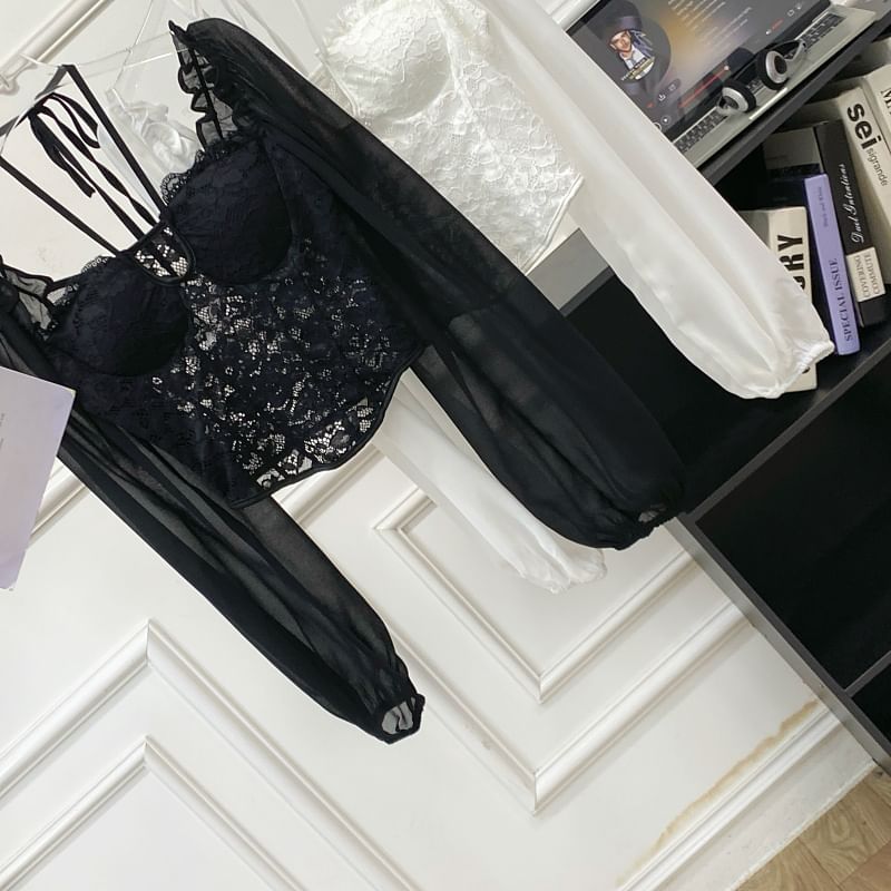 Square-Neck Puff Sleeve Lace Blouse - Chic