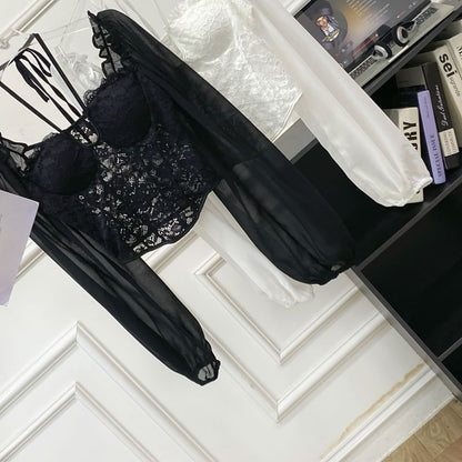 Square-Neck Puff Sleeve Lace Blouse - Chic