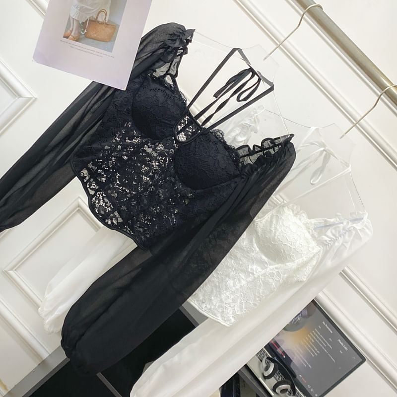 Square-Neck Puff Sleeve Lace Blouse - Chic