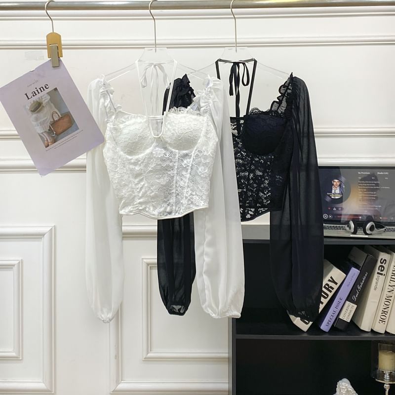 Square-Neck Puff Sleeve Lace Blouse - Chic