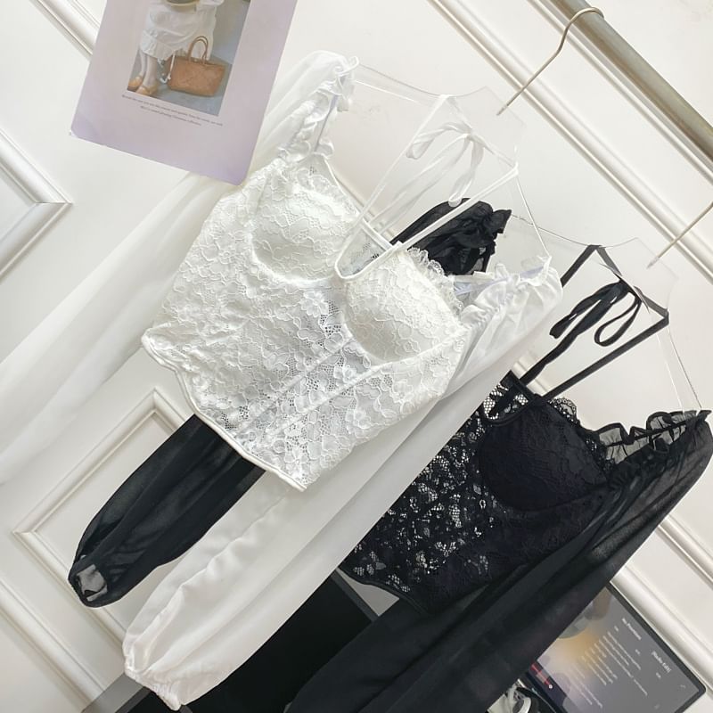 Square-Neck Puff Sleeve Lace Blouse - Chic