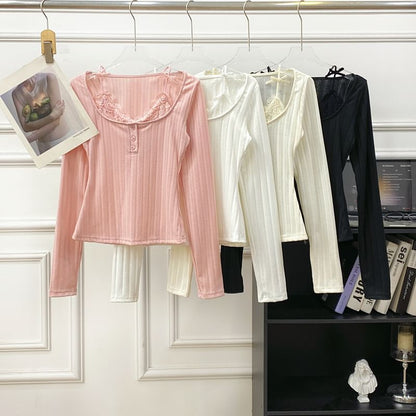 Long Sleeve Lace Trim Ribbed Henley Knit Two-Piece Top