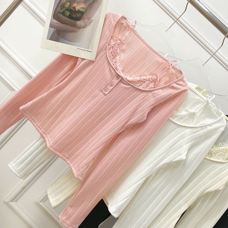 Long Sleeve Lace Trim Ribbed Henley Knit Two-Piece Top