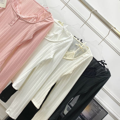 Long Sleeve Lace Trim Ribbed Henley Knit Two-Piece Top