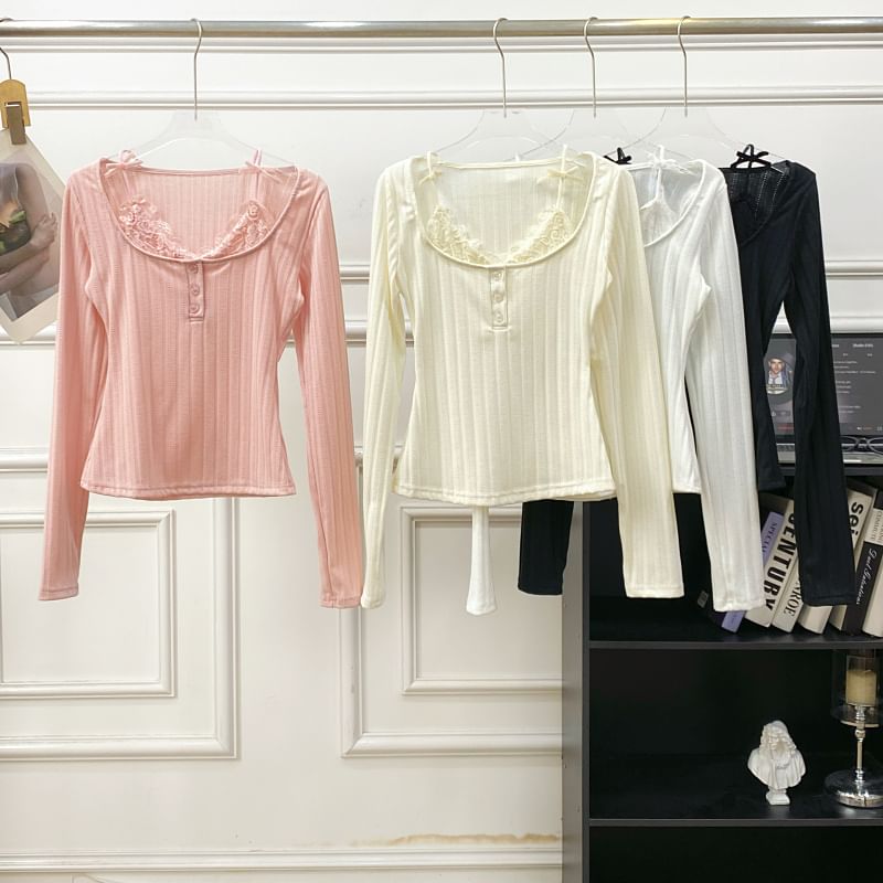 Long Sleeve Lace Trim Ribbed Henley Knit Two-Piece Top