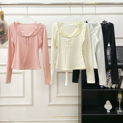 Long Sleeve Lace Trim Ribbed Henley Knit Two-Piece Top