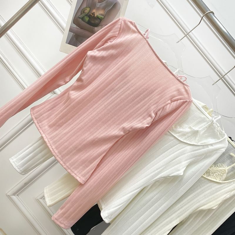 Long Sleeve Lace Trim Ribbed Henley Knit Two-Piece Top