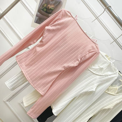 Long Sleeve Lace Trim Ribbed Henley Knit Two-Piece Top