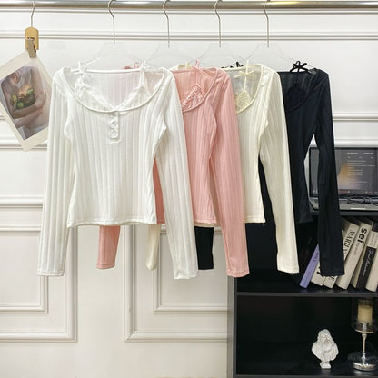 Long Sleeve Lace Trim Ribbed Henley Knit Two-Piece Top