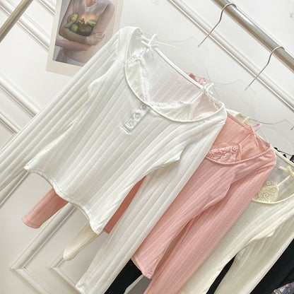 Long Sleeve Lace Trim Ribbed Henley Knit Two-Piece Top
