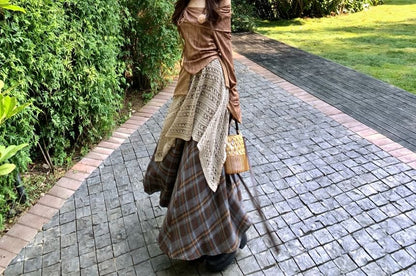 Off Shoulder Tie Dye Asymmetrical Tie-Up Top & High Waist Plaid Lace Maxi Skirt