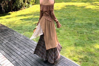 Off Shoulder Tie Dye Asymmetrical Tie-Up Top & High Waist Plaid Lace Maxi Skirt