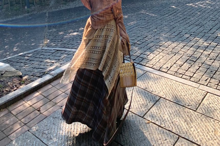 Off Shoulder Tie Dye Asymmetrical Tie-Up Top & High Waist Plaid Lace Maxi Skirt