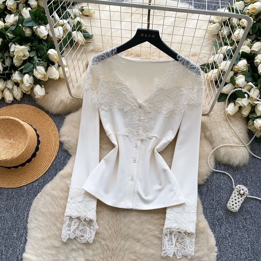 V-Neck Button Panel Lace Top