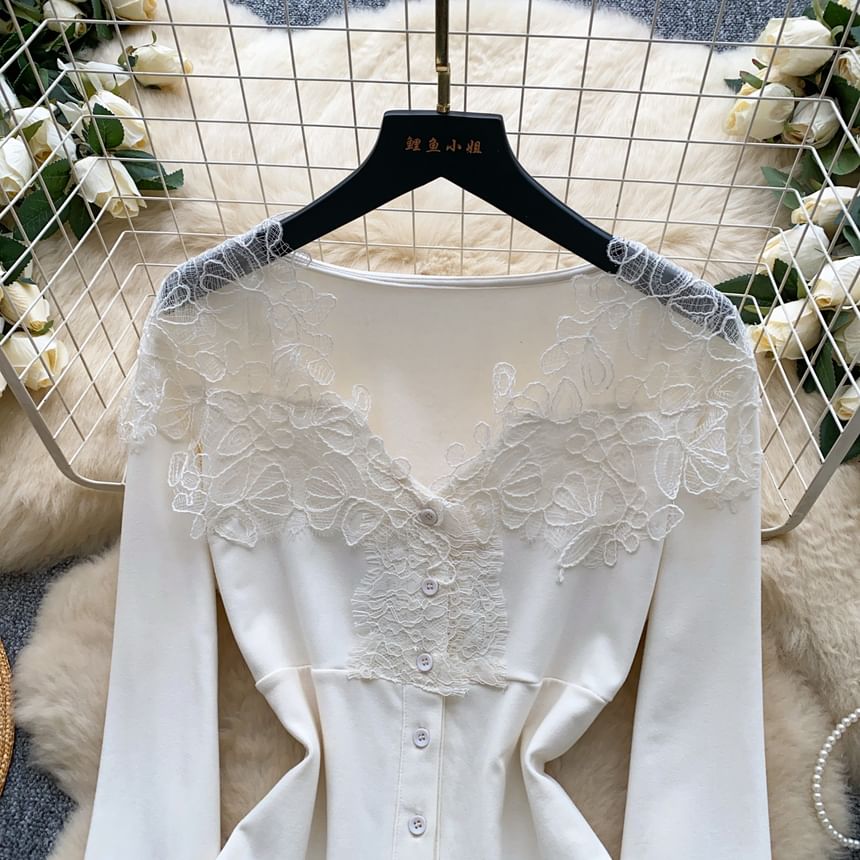 V-Neck Button Panel Lace Top