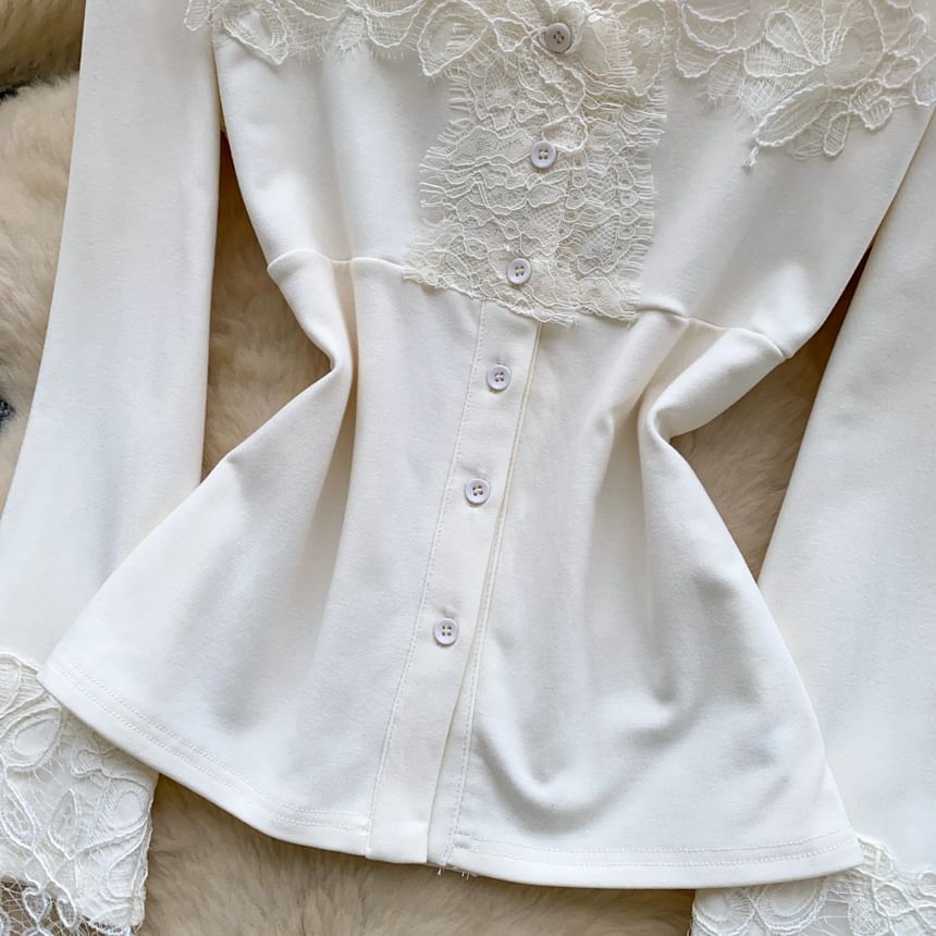 V-Neck Button Panel Lace Top