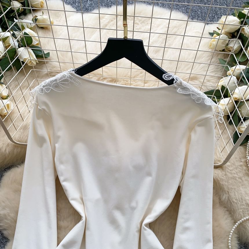 V-Neck Button Panel Lace Top