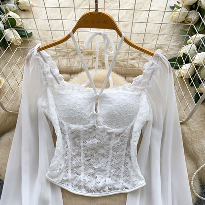 Balloon Sleeve Halter Square Neck Lace Top