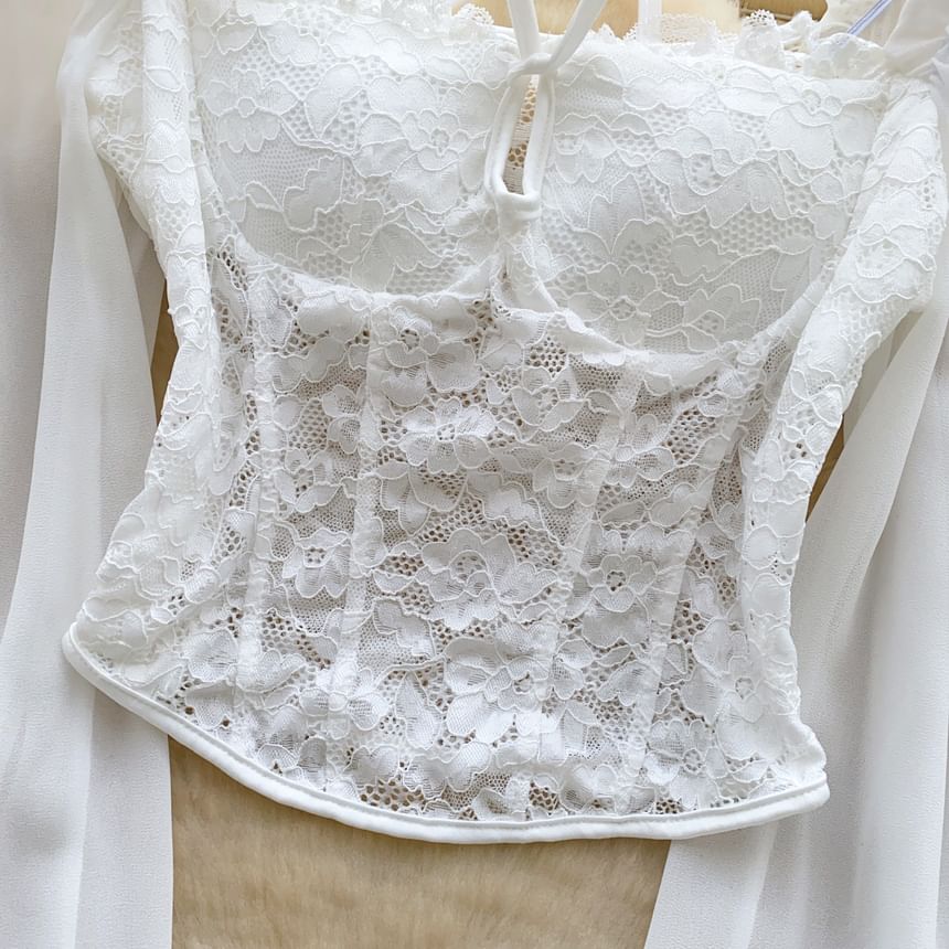Balloon Sleeve Halter Square Neck Lace Top