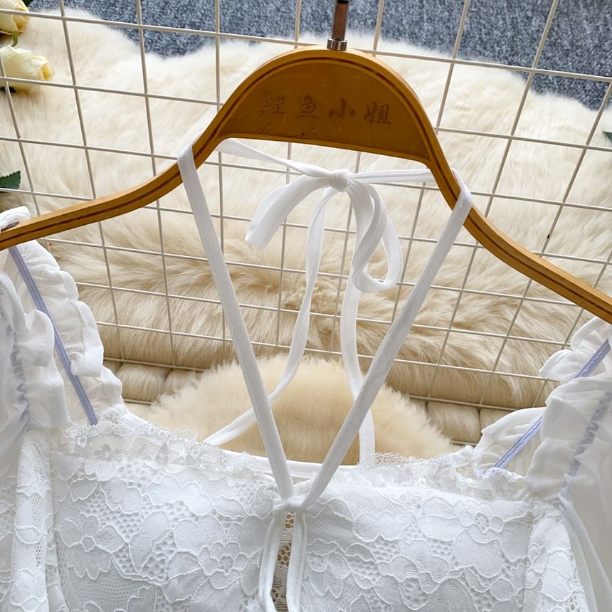 Balloon Sleeve Halter Square Neck Lace Top