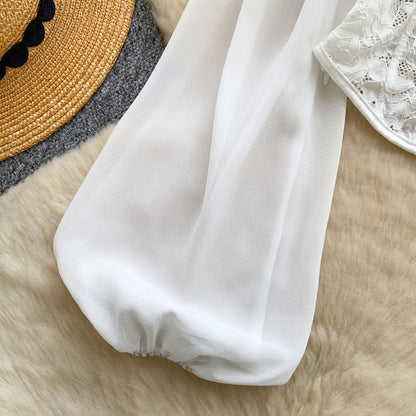 Balloon Sleeve Halter Square Neck Lace Top