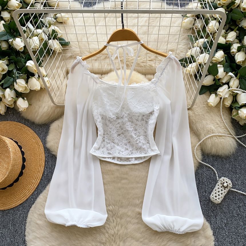 Balloon Sleeve Halter Square Neck Lace Top