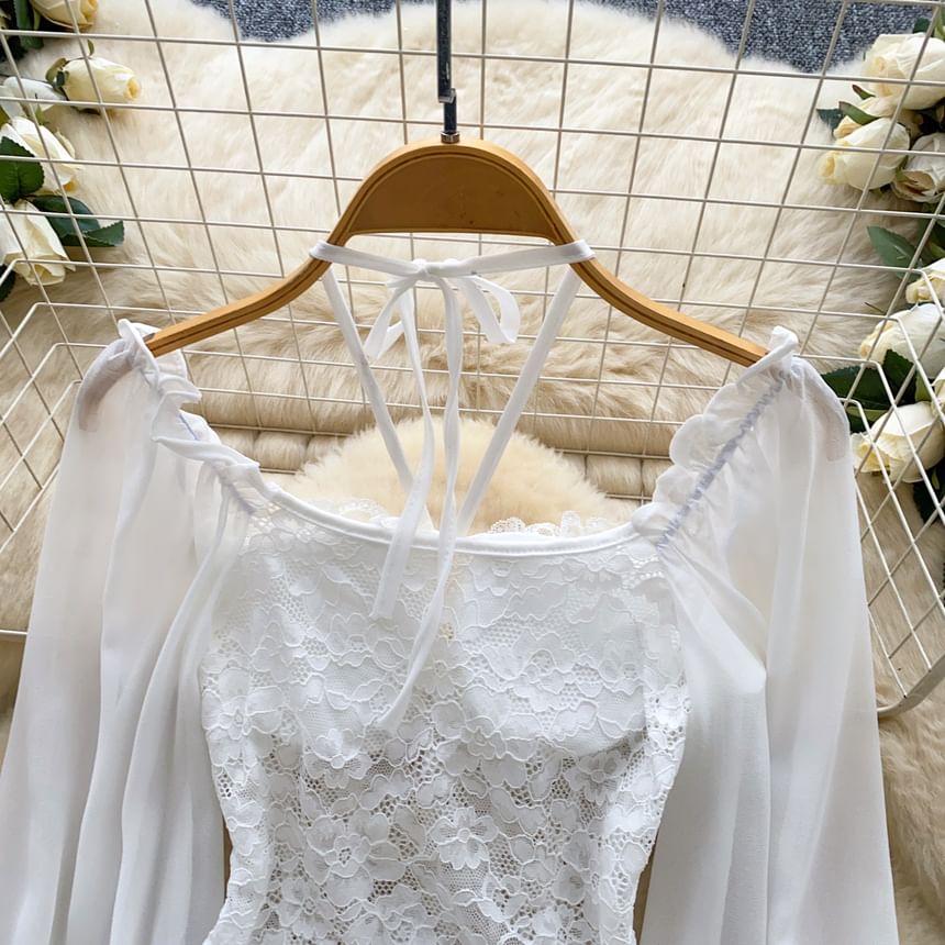 Balloon Sleeve Halter Square Neck Lace Top