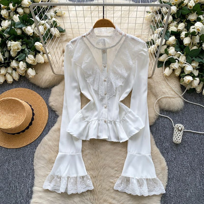 Stand Collar Ruffle Faux Pearl Button Lace Blouse