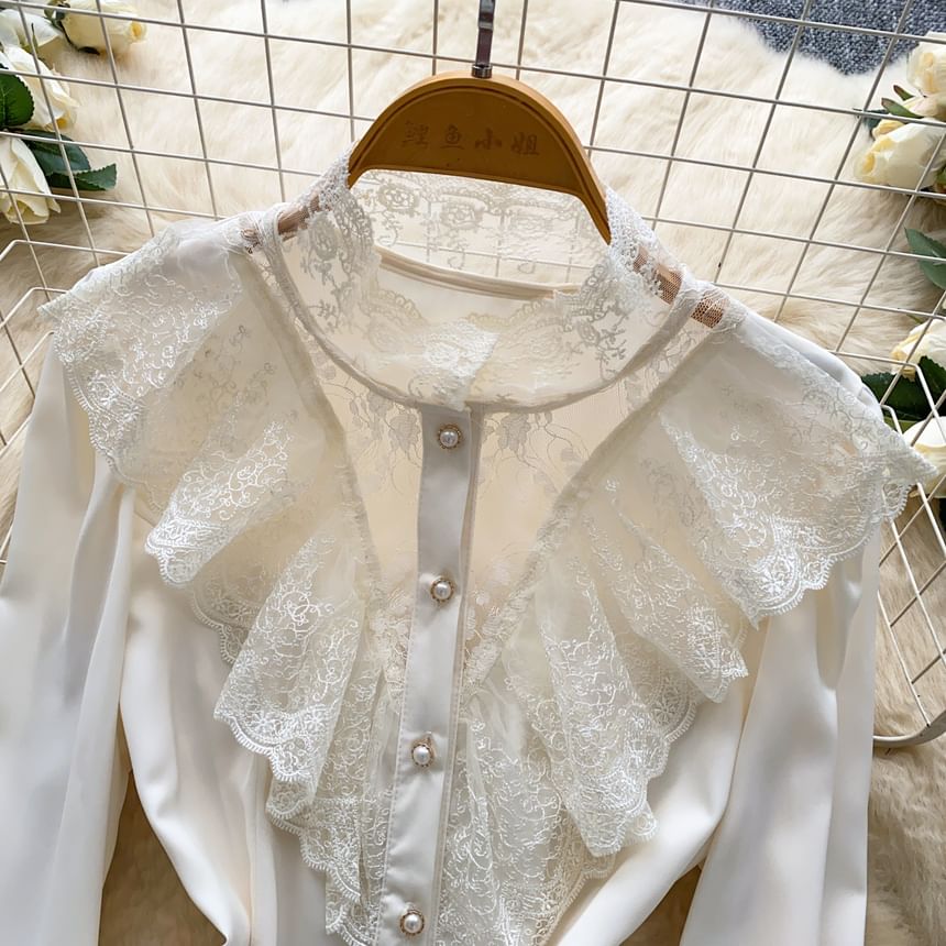 Stand Collar Ruffle Faux Pearl Button Lace Blouse