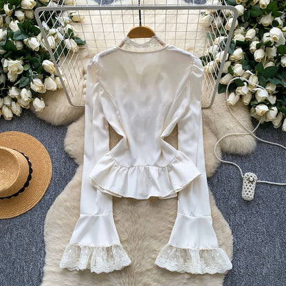 Stand Collar Ruffle Faux Pearl Button Lace Blouse