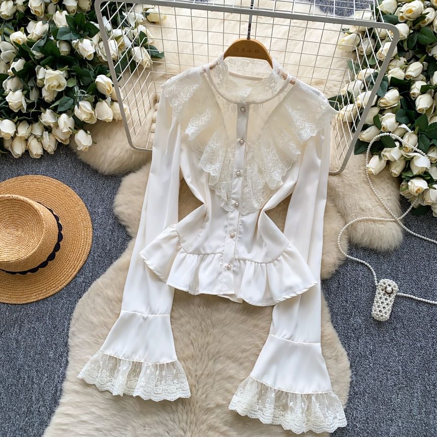 Stand Collar Ruffle Faux Pearl Button Lace Blouse
