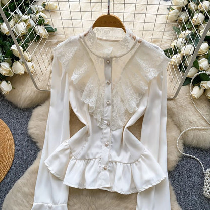 Stand Collar Ruffle Faux Pearl Button Lace Blouse