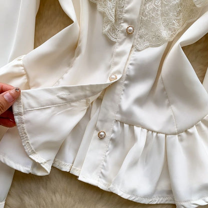 Stand Collar Ruffle Faux Pearl Button Lace Blouse