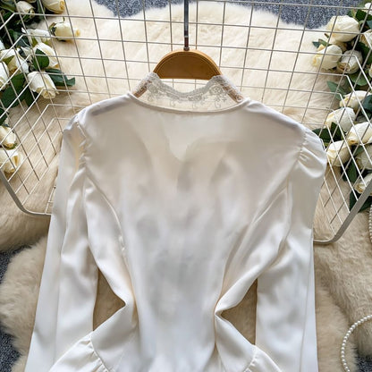 Stand Collar Ruffle Faux Pearl Button Lace Blouse