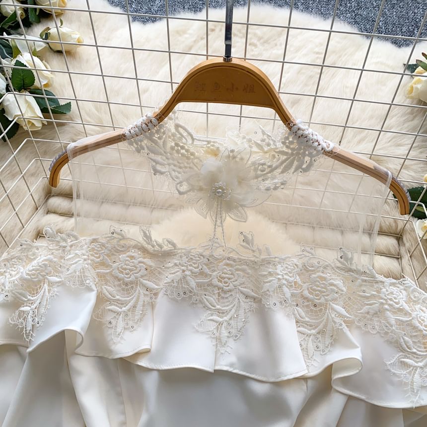 Cold Shoulder Mock Neck Ruffle Lace Mesh Blouse