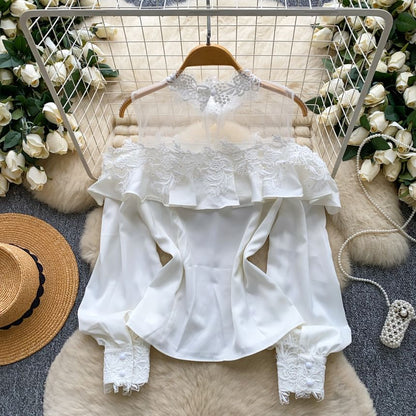 Cold Shoulder Mock Neck Ruffle Lace Mesh Blouse
