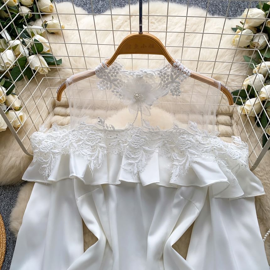 Cold Shoulder Mock Neck Ruffle Lace Mesh Blouse