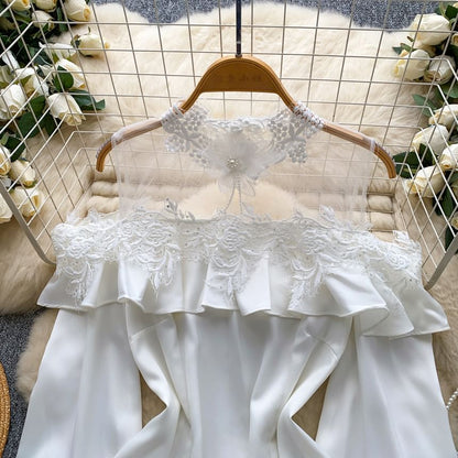 Cold Shoulder Mock Neck Ruffle Lace Mesh Blouse