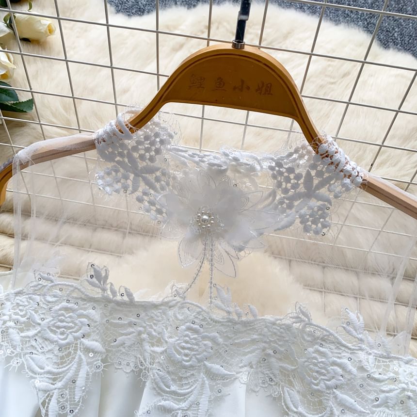 Cold Shoulder Mock Neck Ruffle Lace Mesh Blouse