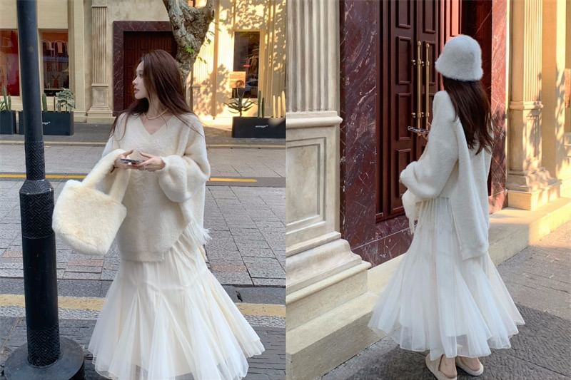 V-Neck Solid Asymmetrical Fringe Sweater / High Rise Mesh Midi Mermaid Skirt