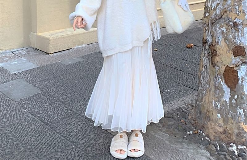 V-Neck Solid Asymmetrical Fringe Sweater / High Rise Mesh Midi Mermaid Skirt