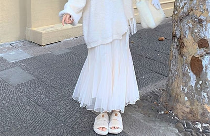 V-Neck Solid Asymmetrical Fringe Sweater / High Rise Mesh Midi Mermaid Skirt