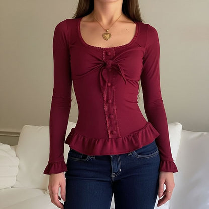 Square Neck Knotted Ruffled Lace Panel Slim-Fit Top