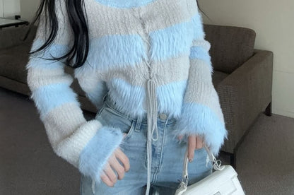 Crew Neck Striped Lace-Up Fluffy Knit Top