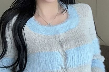 Crew Neck Striped Lace-Up Fluffy Knit Top