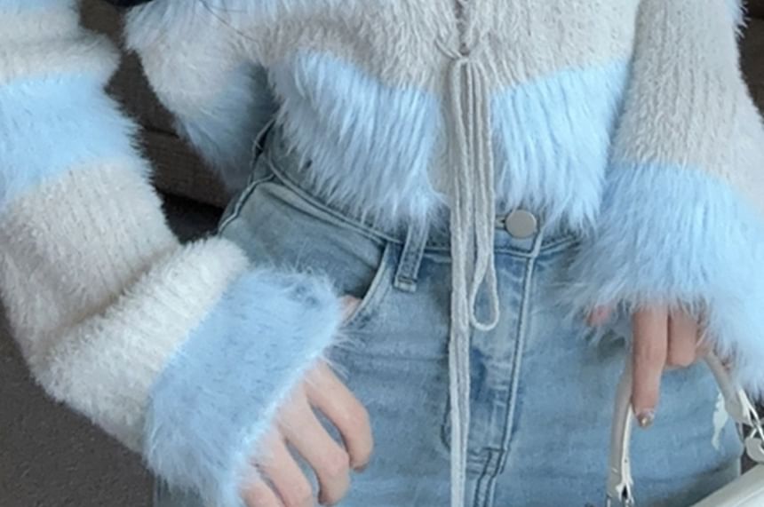 Crew Neck Striped Lace-Up Fluffy Knit Top